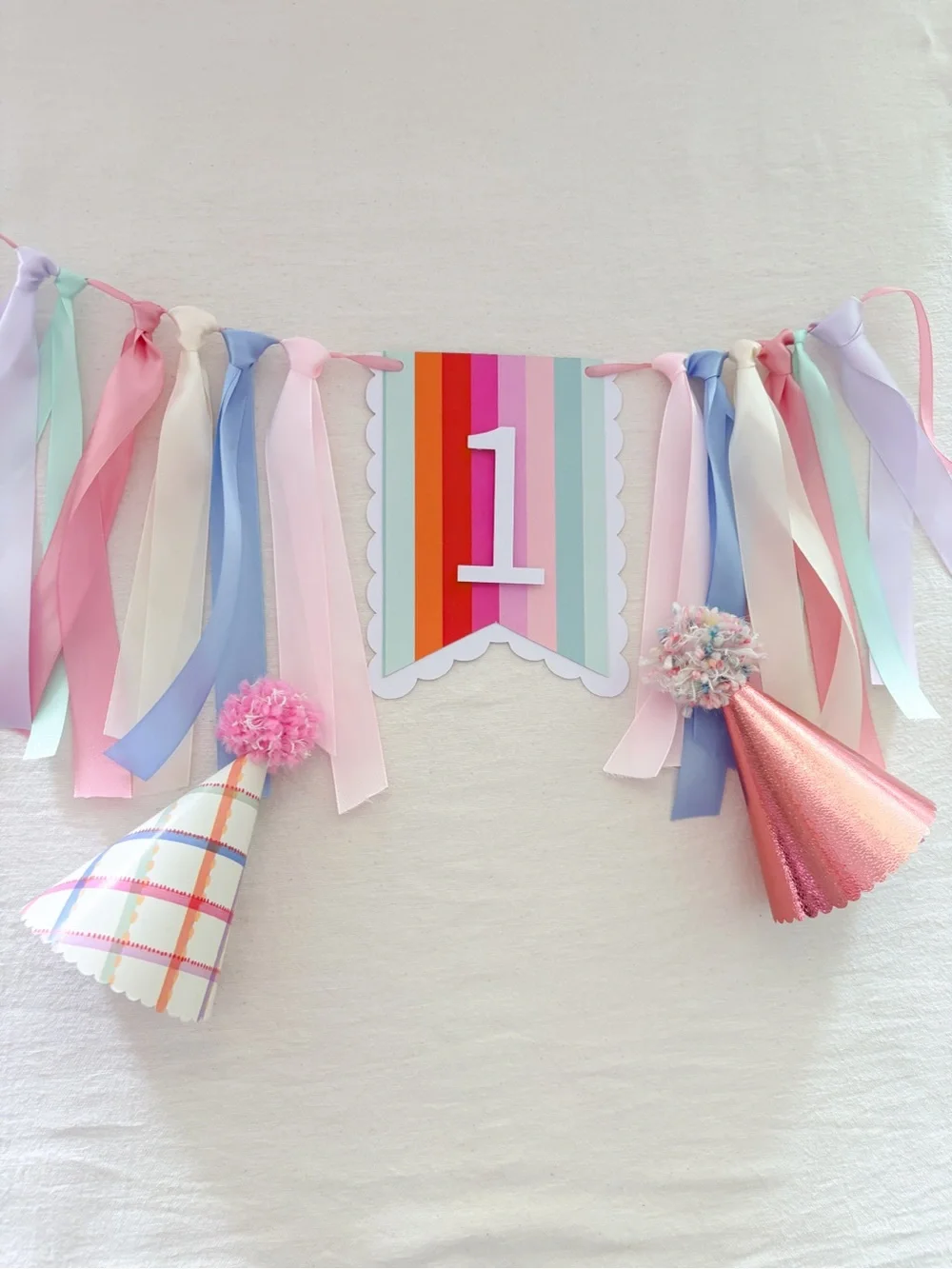 First Birthday fun to be one Pastel Ribbon Garland Banner with Number 1